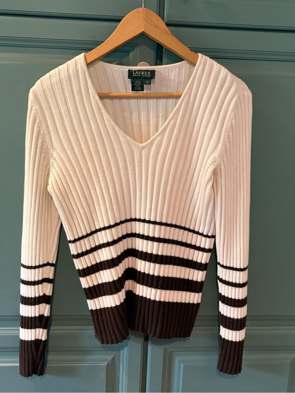 Ralph Lauren Cream and Brown Ribbed V-Neck Sweater
